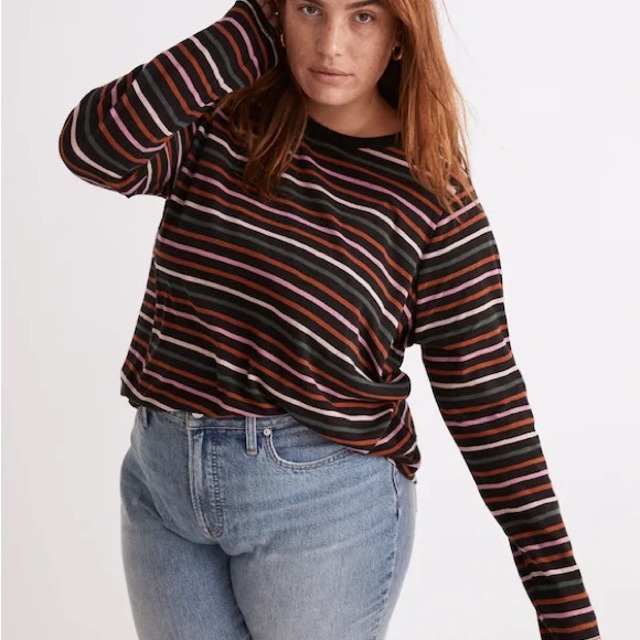 NWT! Madewell Whisper Cotton Rib-Crewneck Long-Sleeve Tee in Ryley Stripe XL - Picture 2 of 16